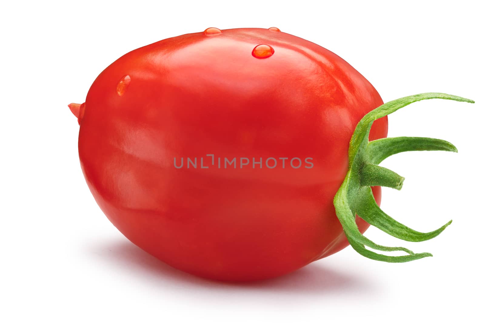 Fresh plum-like ripe red, oblong tomato with sepal. Clipping paths, shadow separated