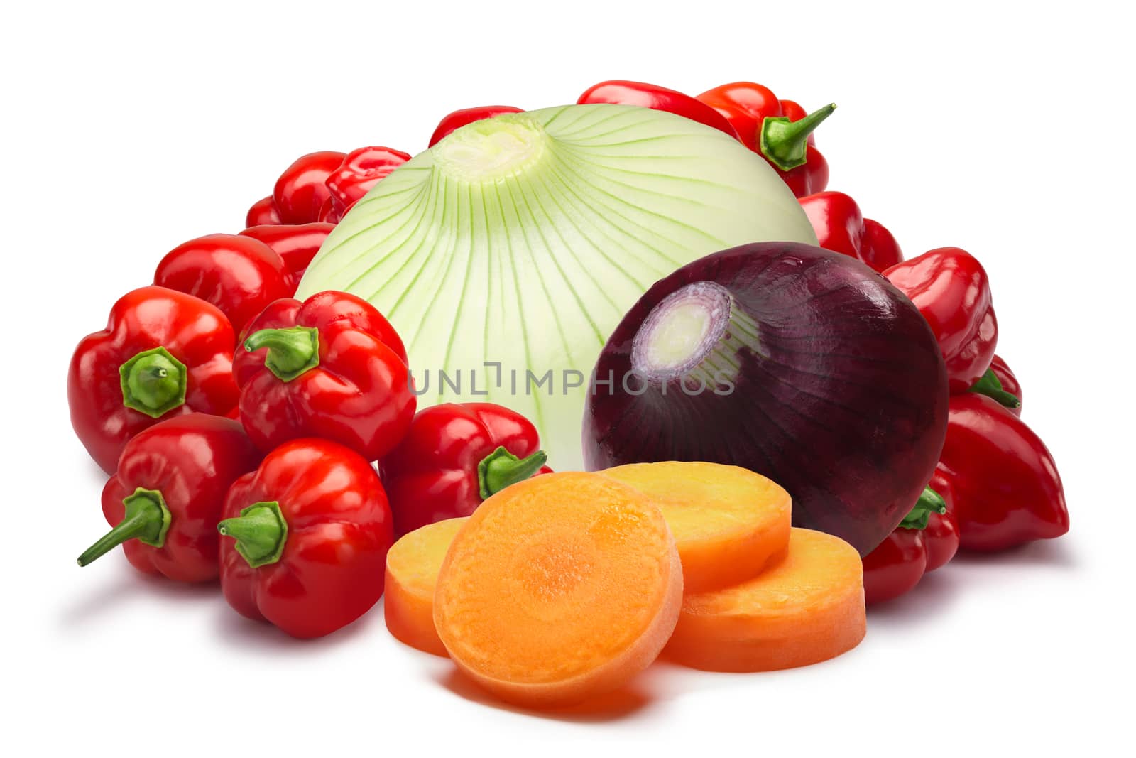 Ingredients for Belizian hot sauce. Habaneros, onion, sliced carrot.Clipping paths, shadows separated, infinite depth of field. Design elements