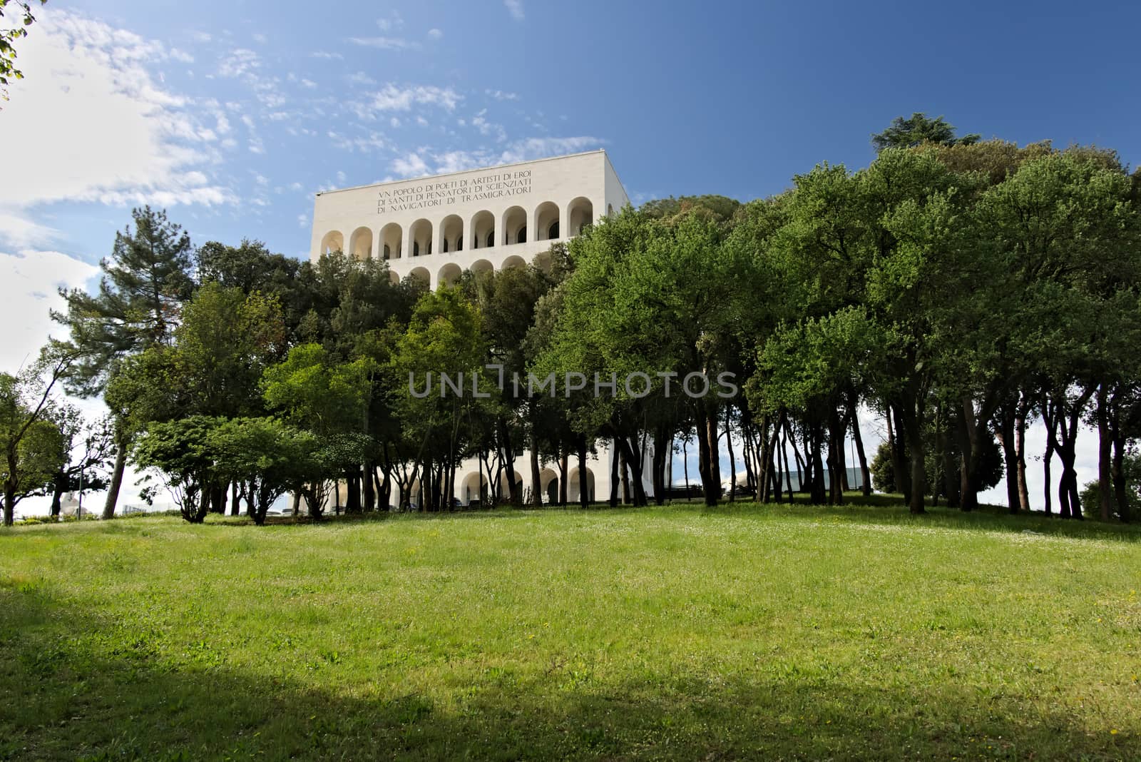 Palace of Italian Civilization built in Rome EUR. Rome Eur, Italy. 05/03/2019.  Entirely covered in travertine marble, inspired by the arches of the colosseum. 