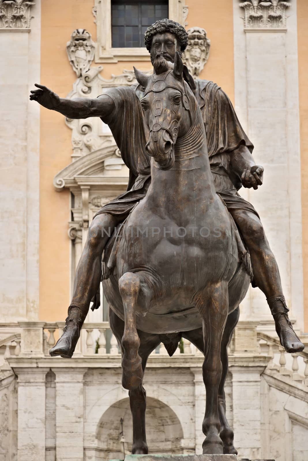 Rome, Italy. 05/04/2019. Equestrian statue of Marcus Aurelius on the Capitol. Bronze sculpture in the center of the square designed by Michelangelo.