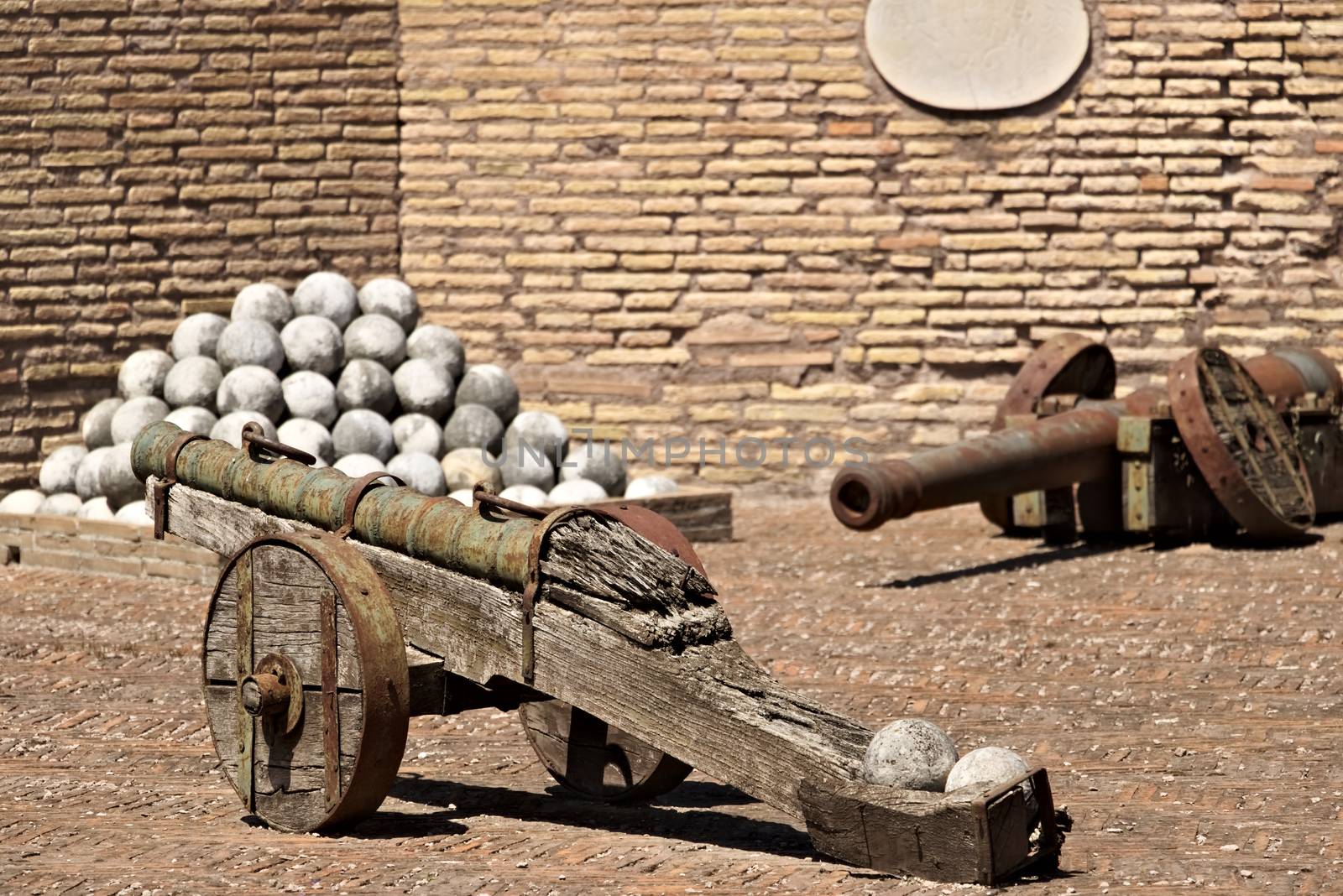 Rome, Italy. 05/02/2019. Iron cannons with wooden base displayed at Castel Sant'Angelo.