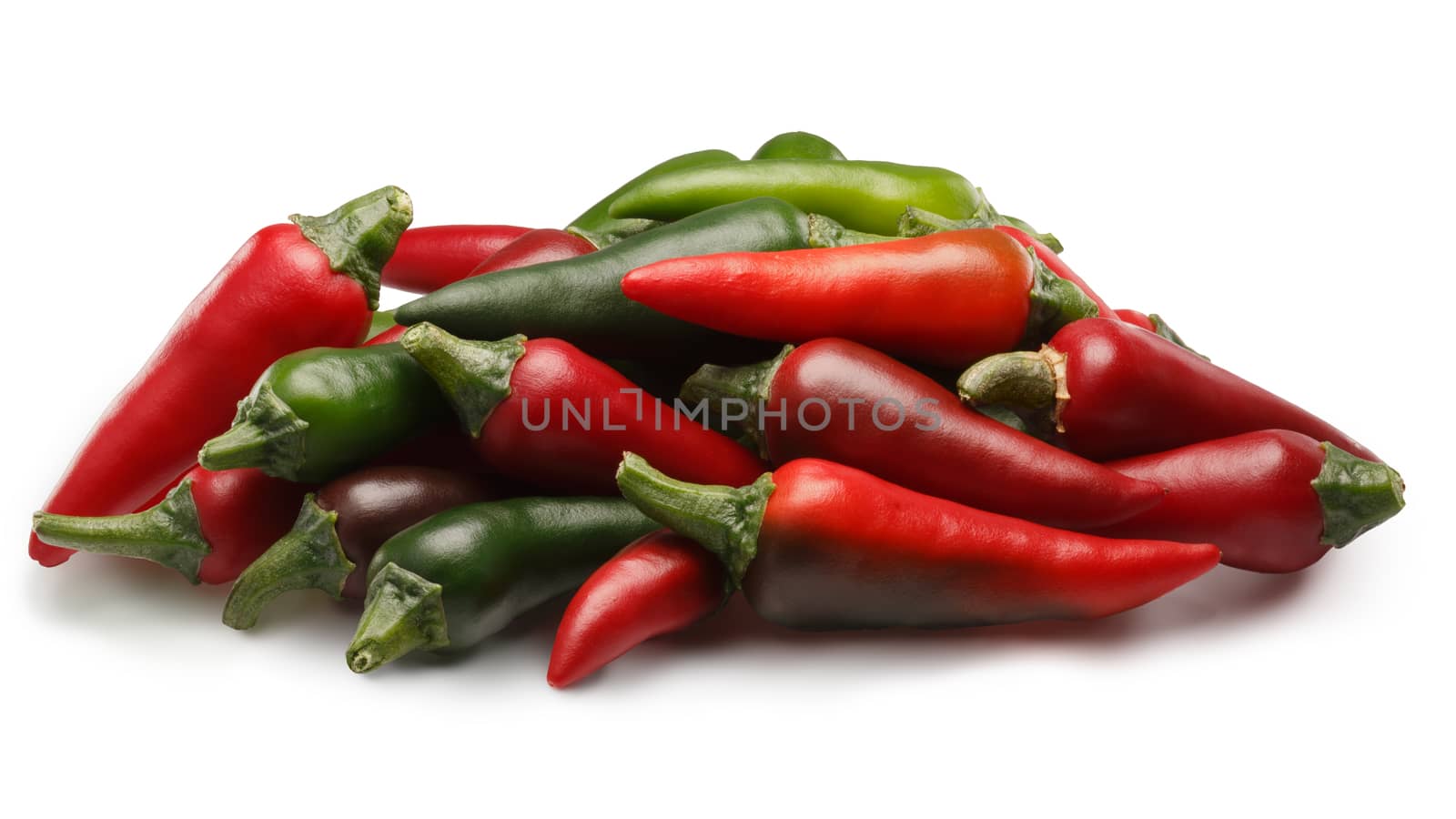 Pile of fresh red and green chili peppers. Clipping paths, shadows separated, infinite depth of field. Design elements