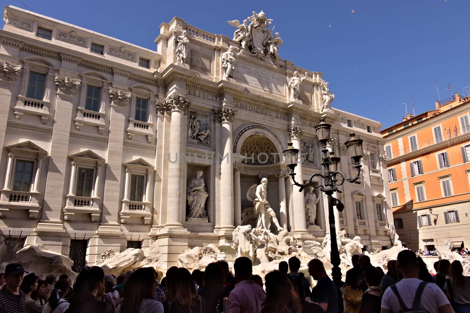 Trevi Fountain in Rome with the sculpture of Neptune. Rome Italy. 05/02/2019. The complex of the fountain built in the Baroque period is built in travertine marble.