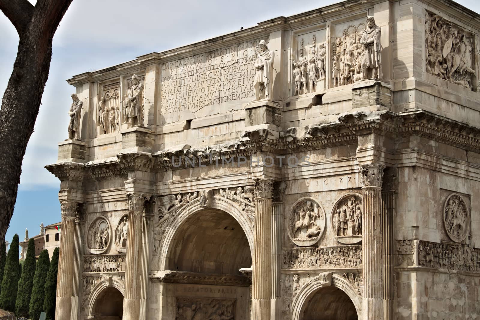 Rome, Italy. 05/03/2019. Detail of the Arch of Constantine. The arch is located near the Colosseum and is designed to commemorate the victory of Constantine against Maxentius.