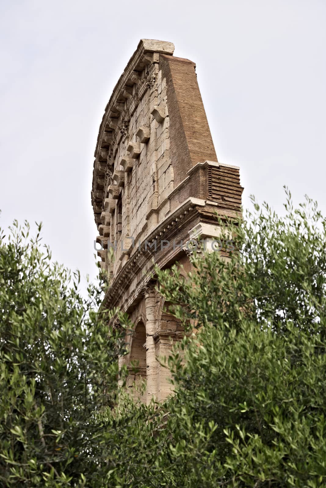 Rome, Italy. 05/03/2019.  Detail of a wall of the Colosseum. Some blocks of travertine were used to build other buildings.