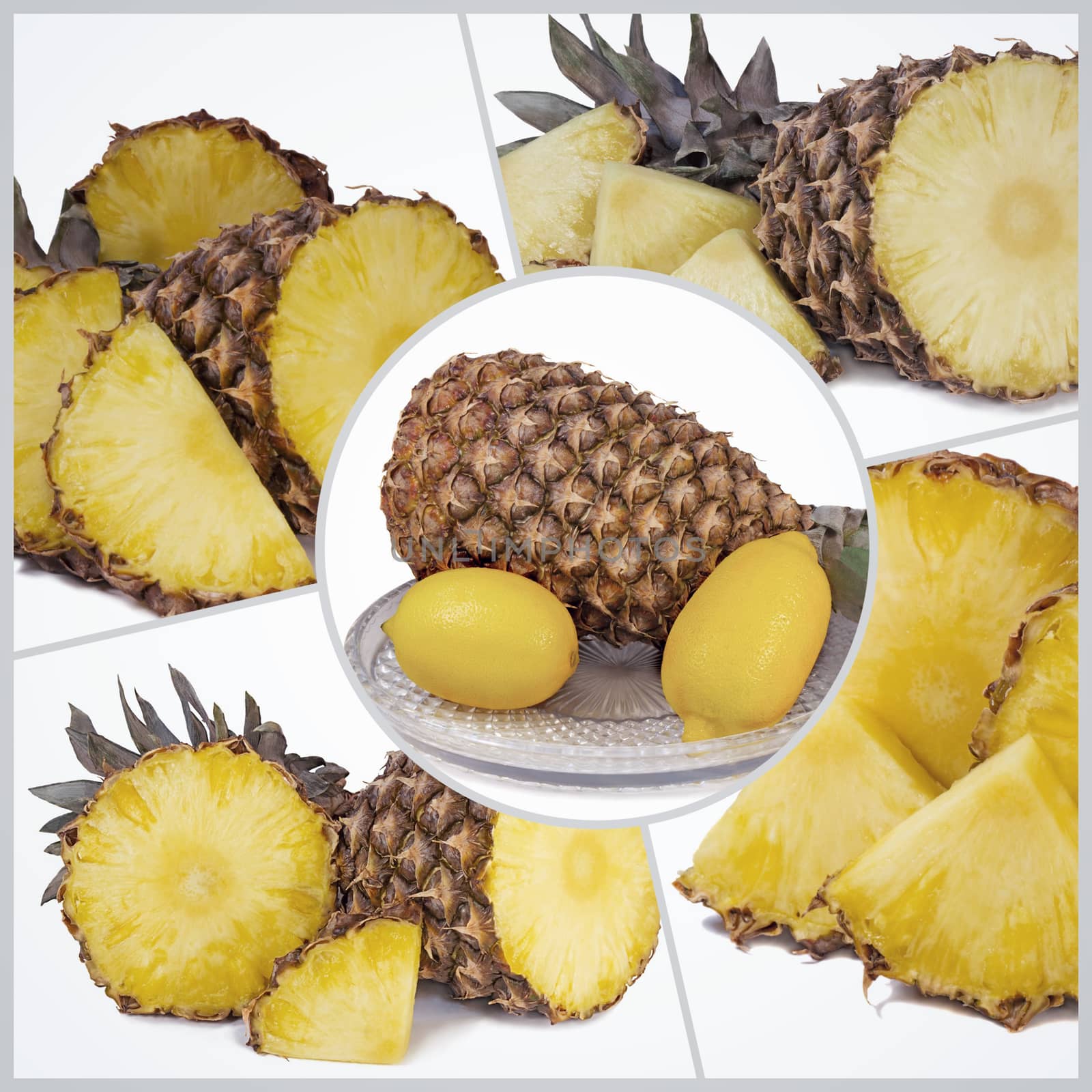 A collage of five photos depicting an entire pineapple and sliced pineapple on a white background. Presented close-up.