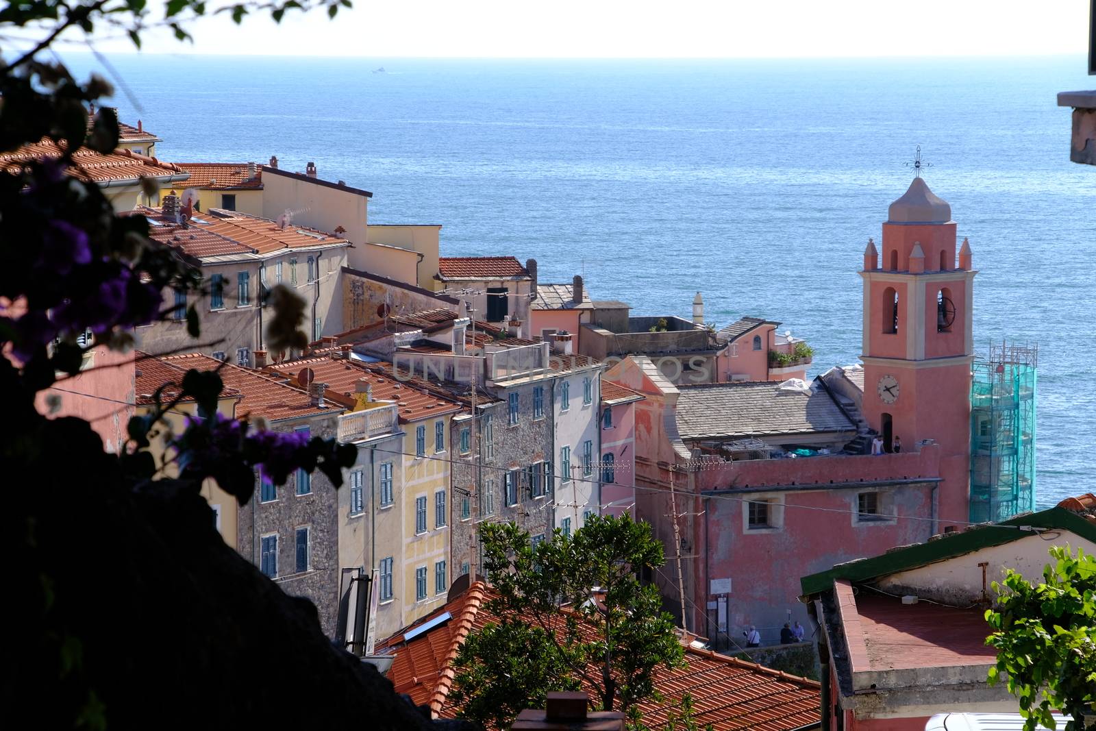 Tellaro, Lerici, La Spezia, Italy.About 10/2019. Village of Tellaro di Lerici near the Cinque Terre. Top view with the church bell tower, the houses and the sea.