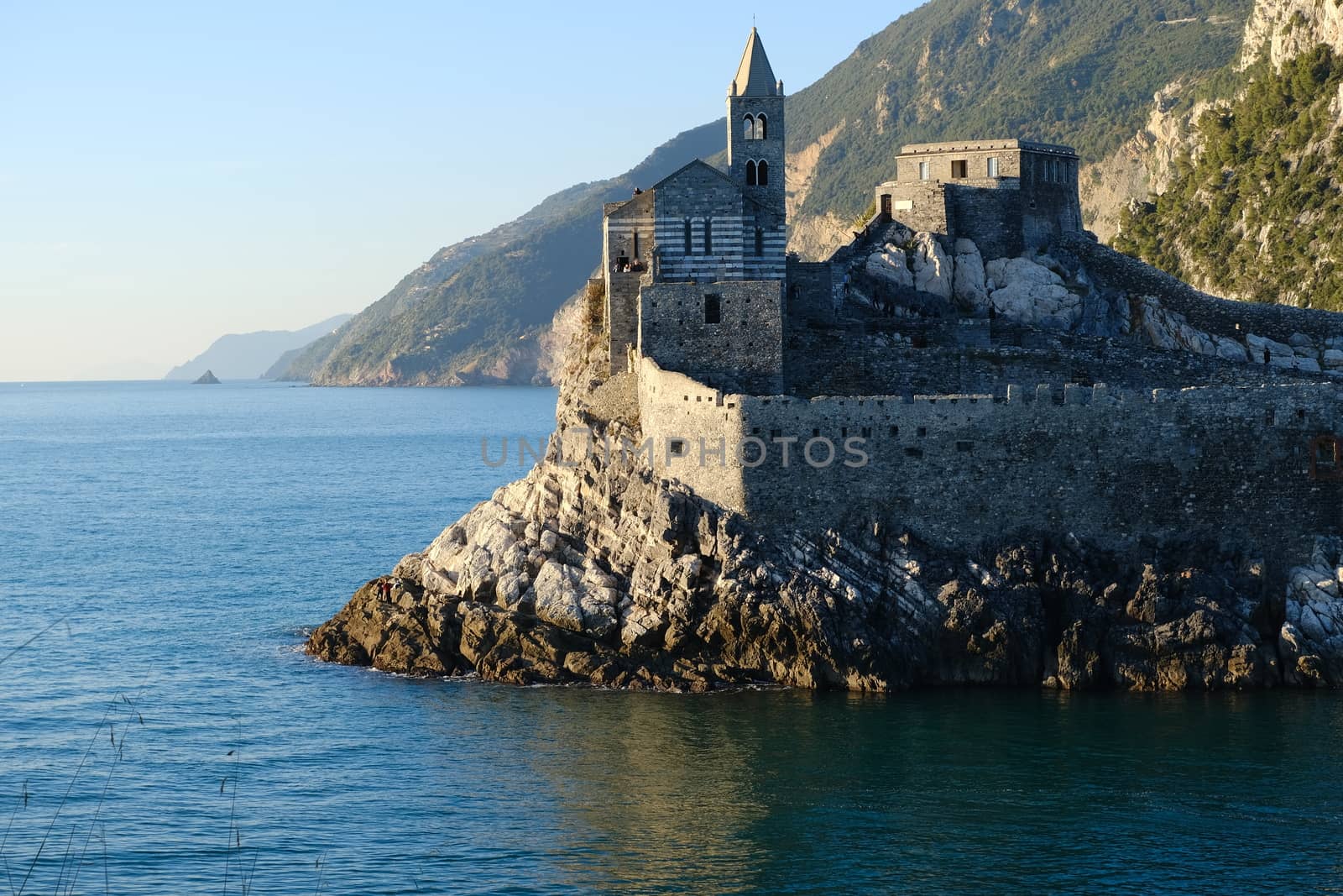 Church of San Pietro in Portovenere near the Cinque Terre. Ancient medieval building on the rocks overlooking the sea.
