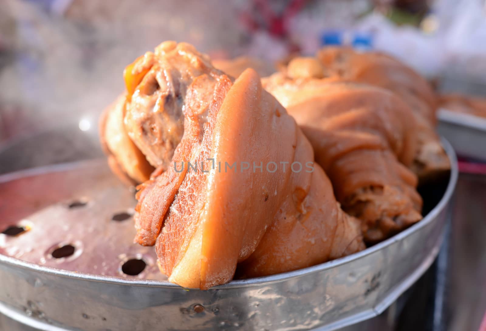 Braised Pork Leg in Chinese Spice On the steamer in the local market of Thailand