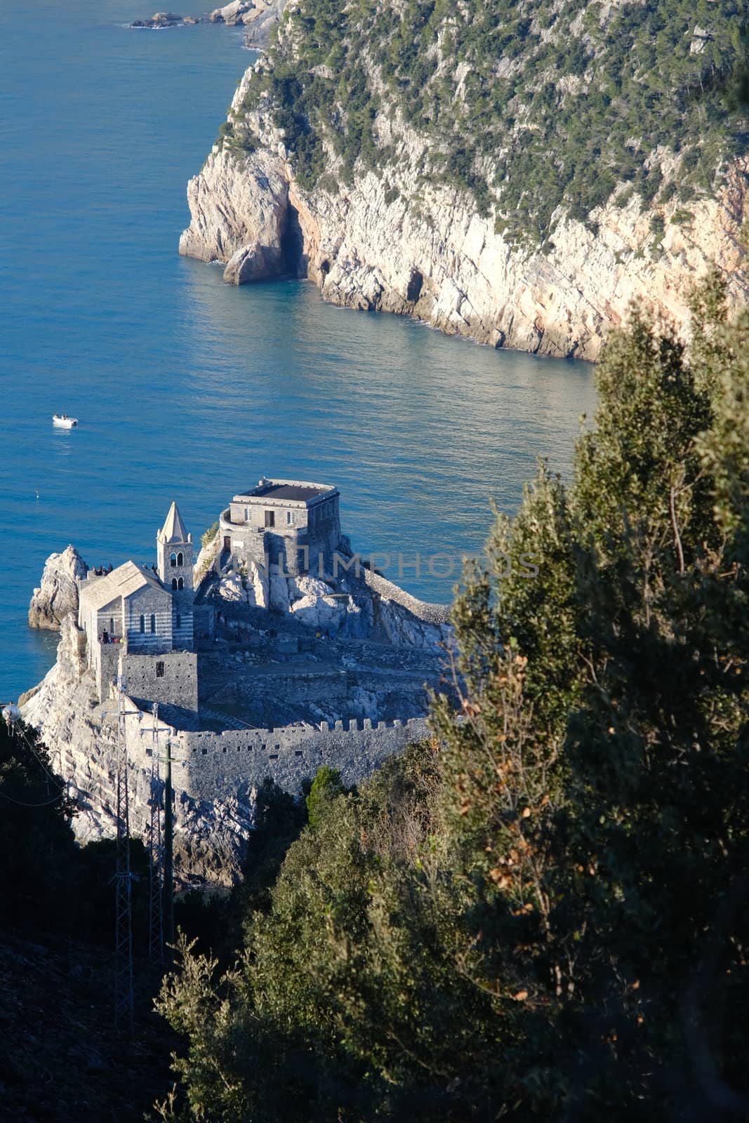 Church of San Pietro in Portovenere on the rocks overlooking the sea. Ancient medieval building near the Cinque Terre in Liguri. Italy.