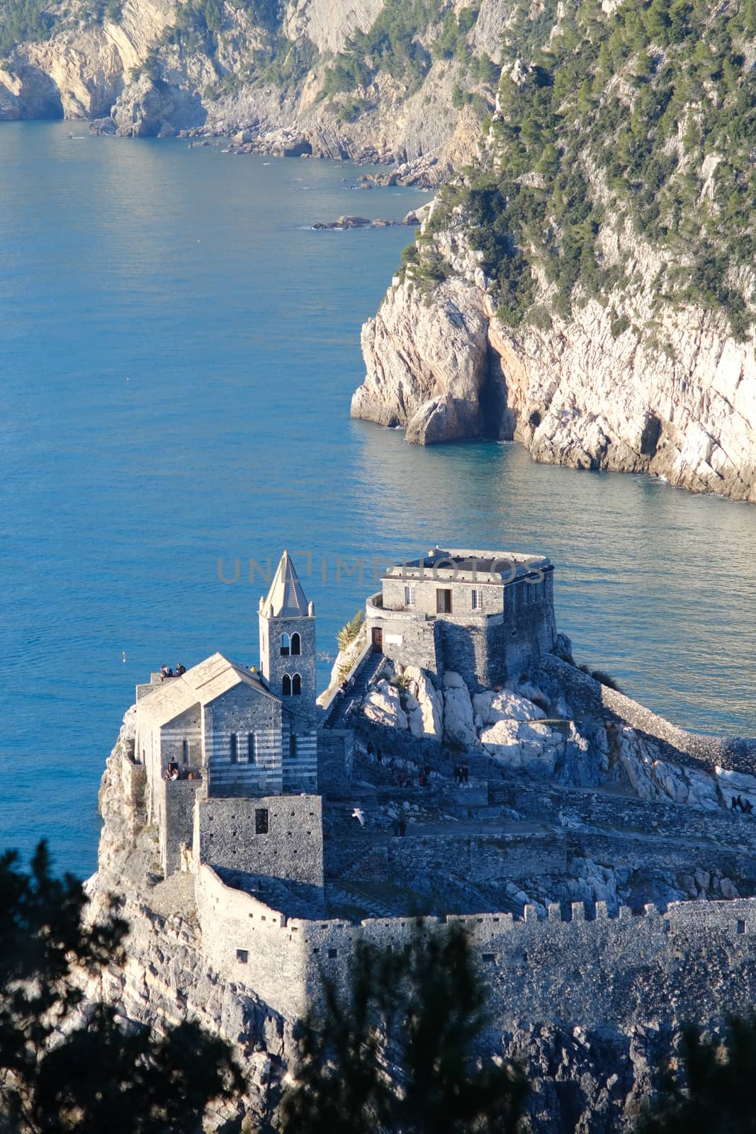 Church of San Pietro in Portovenere on the rocks overlooking the sea. Ancient medieval building near the Cinque Terre in Liguri. Italy.