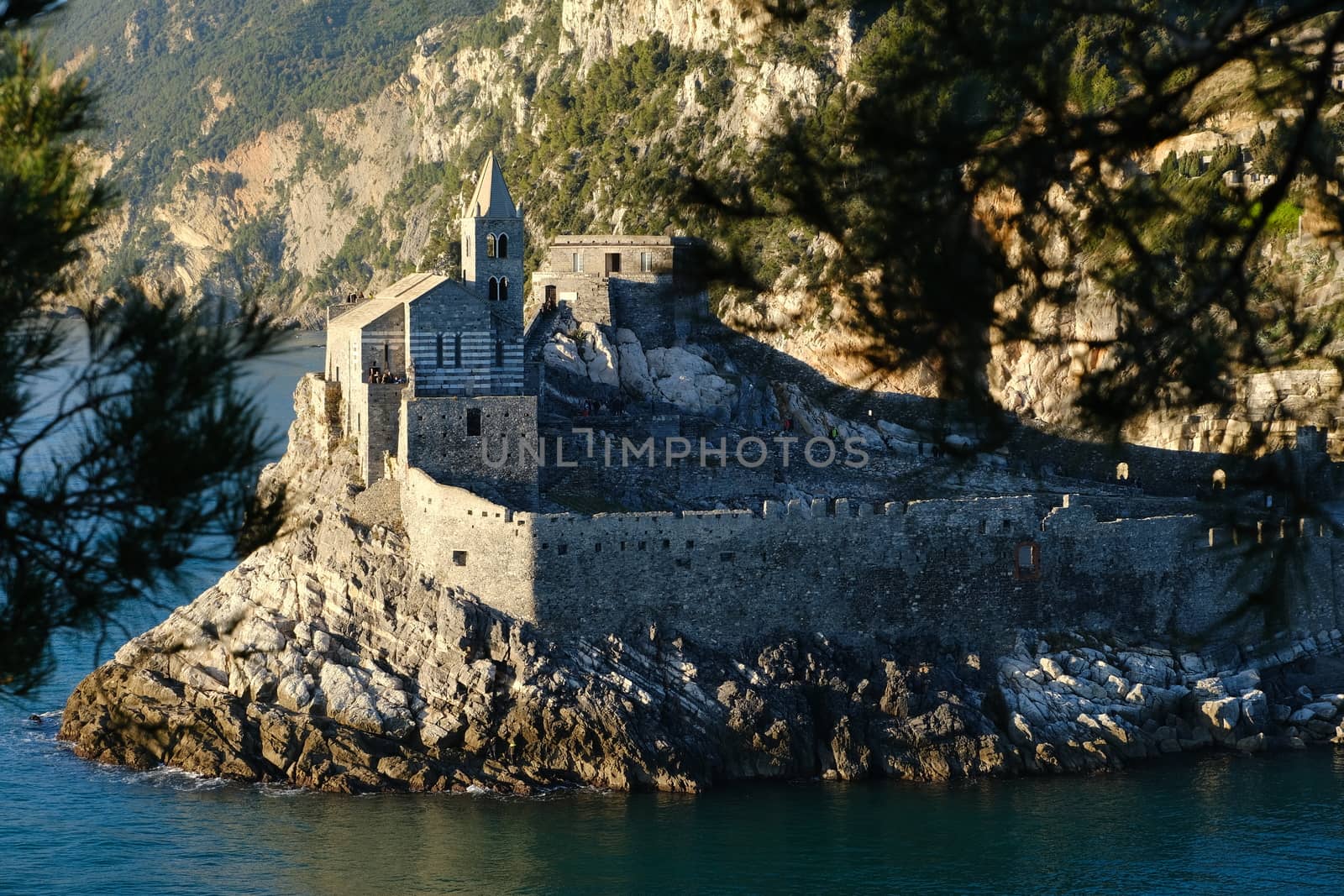 Church of San Pietro in Portovenere near the Cinque Terre. Ancient medieval building on the rocks overlooking the sea.
