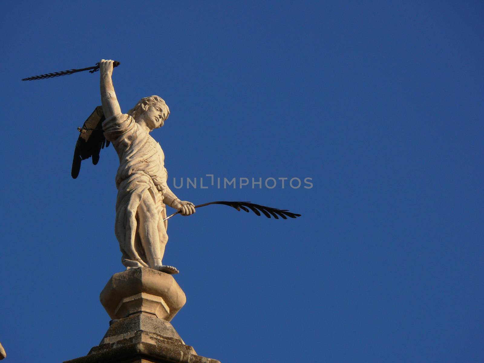  On top of a roof you can see this white marble sculpture with bronze pen and sword. Granada, Spain