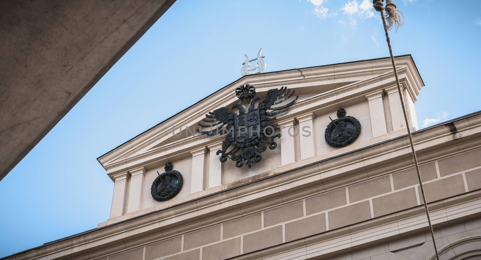 Toledo, Spain - April 28, 2018: Architecture detail of Rojas Theater in the historic city center on a spring day