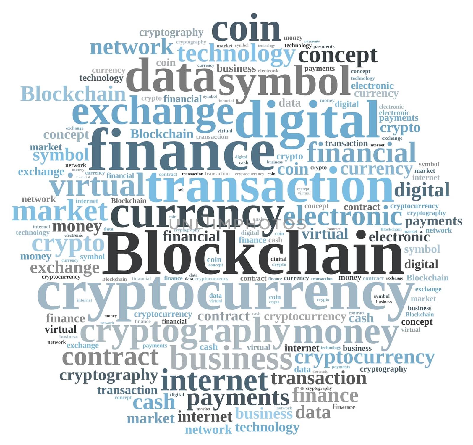 Illustration with word cloud with the word Blockchain.