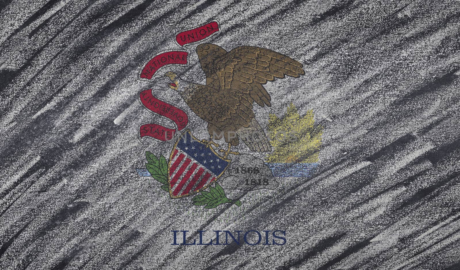 Close-up of national Illinois state flag painted with colored chalk on a blackboard.