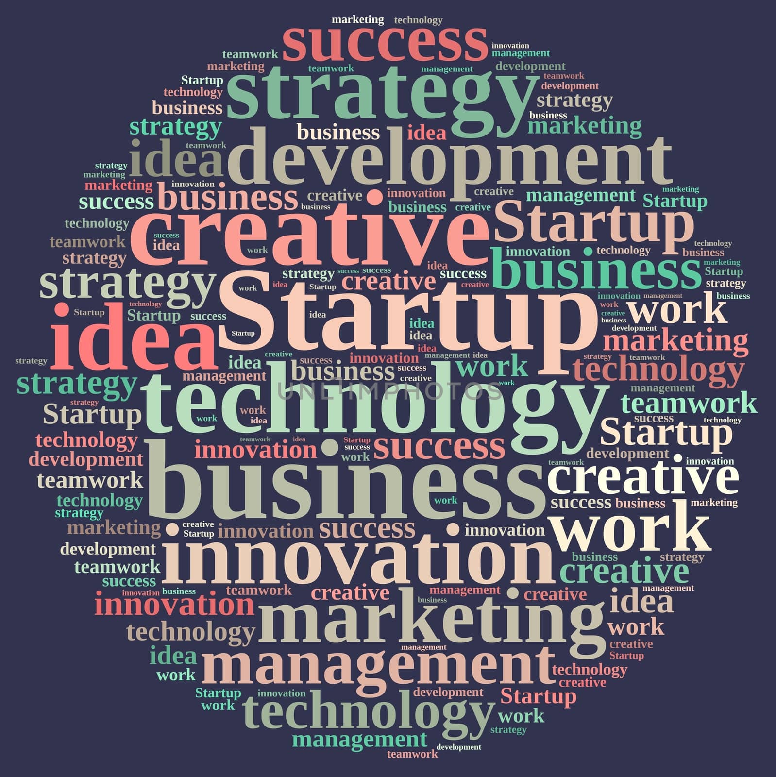 Illustration with word cloud with the word Startup.