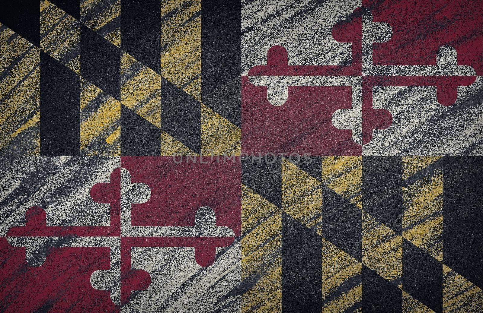 Close-up of national Maryland state flag painted with colored chalk on a blackboard.