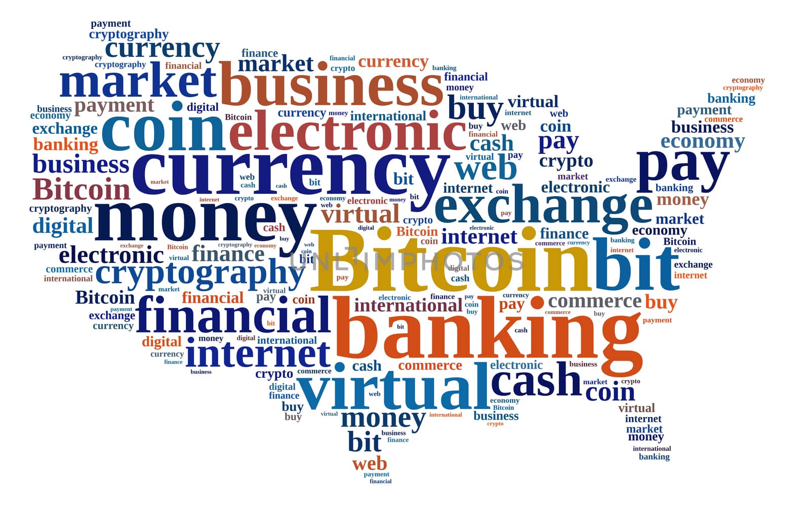 Illustration with word cloud relating to Bitcoin.