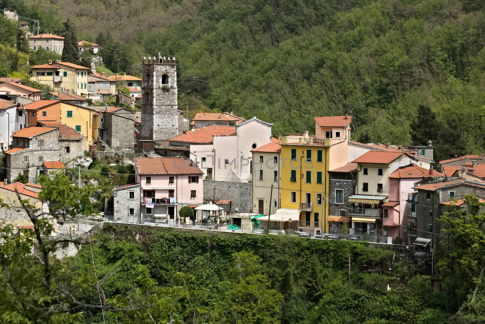 Colonnata, Carrara, Tuscany, Italy. View of the town of Colonnata, famous for the production of lard.The walls of the houses in stone and white Carrara marble. Woods background. Northern Tuscany.