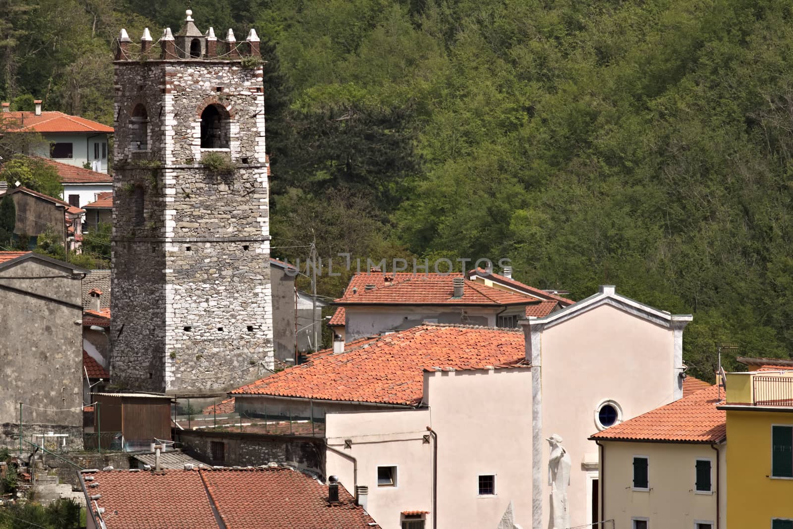 Colonnata, Carrara, Italy. 05/16/2019.  Overview of the village of Colonnata, where the famous lard is produced. The walls of the houses in stone and white Carrara marble. Woods background. Northern Tuscany.