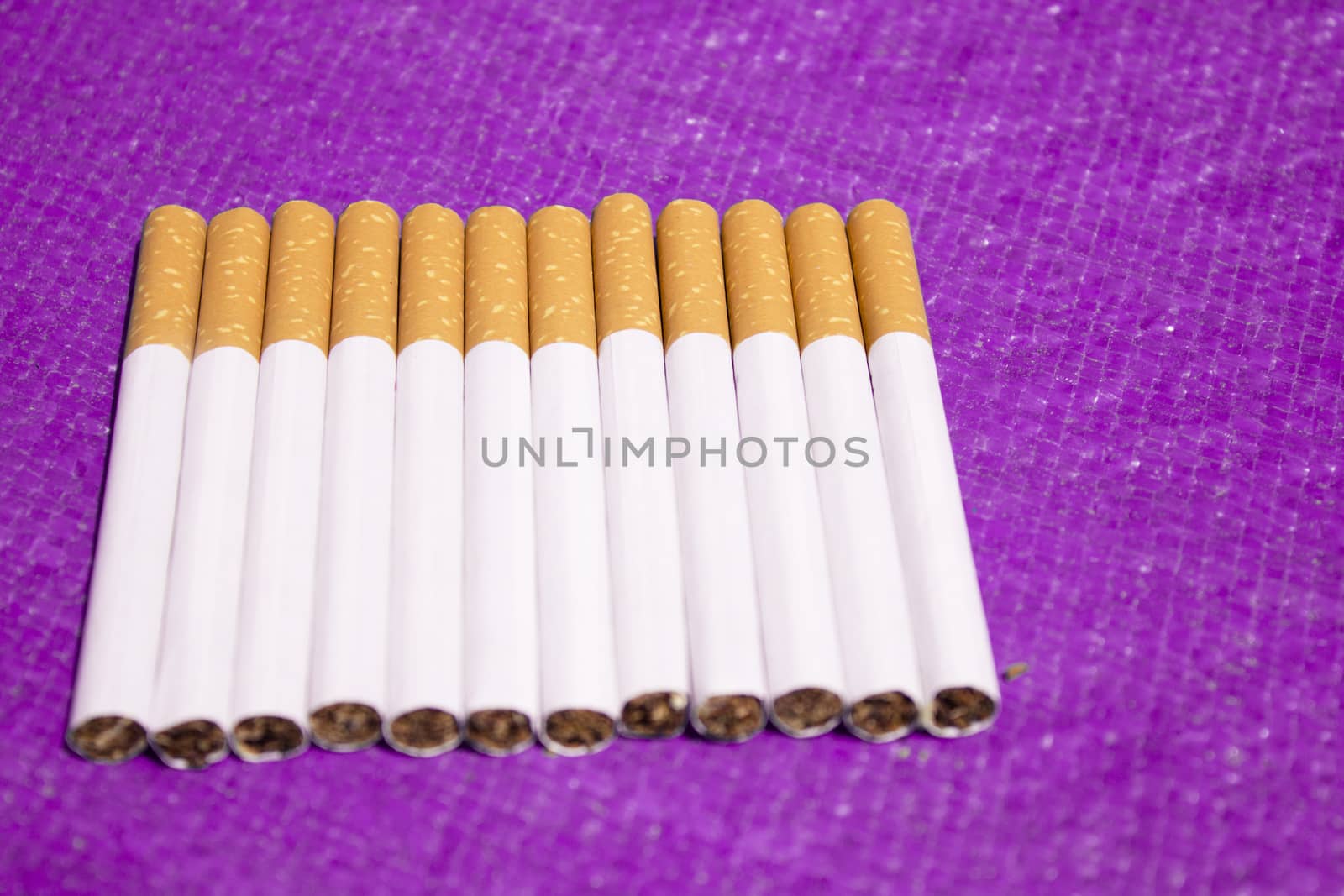 Row of cigarettes on table. No people