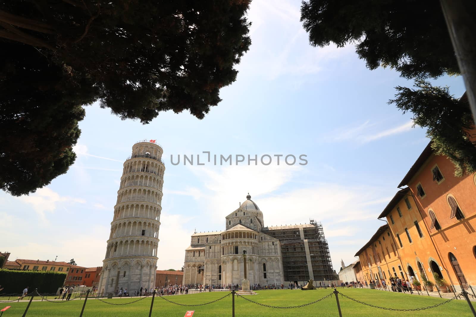 Piazza dei miracoli of Pisa. Travelers admire architecture. Cath by Paolo_Grassi