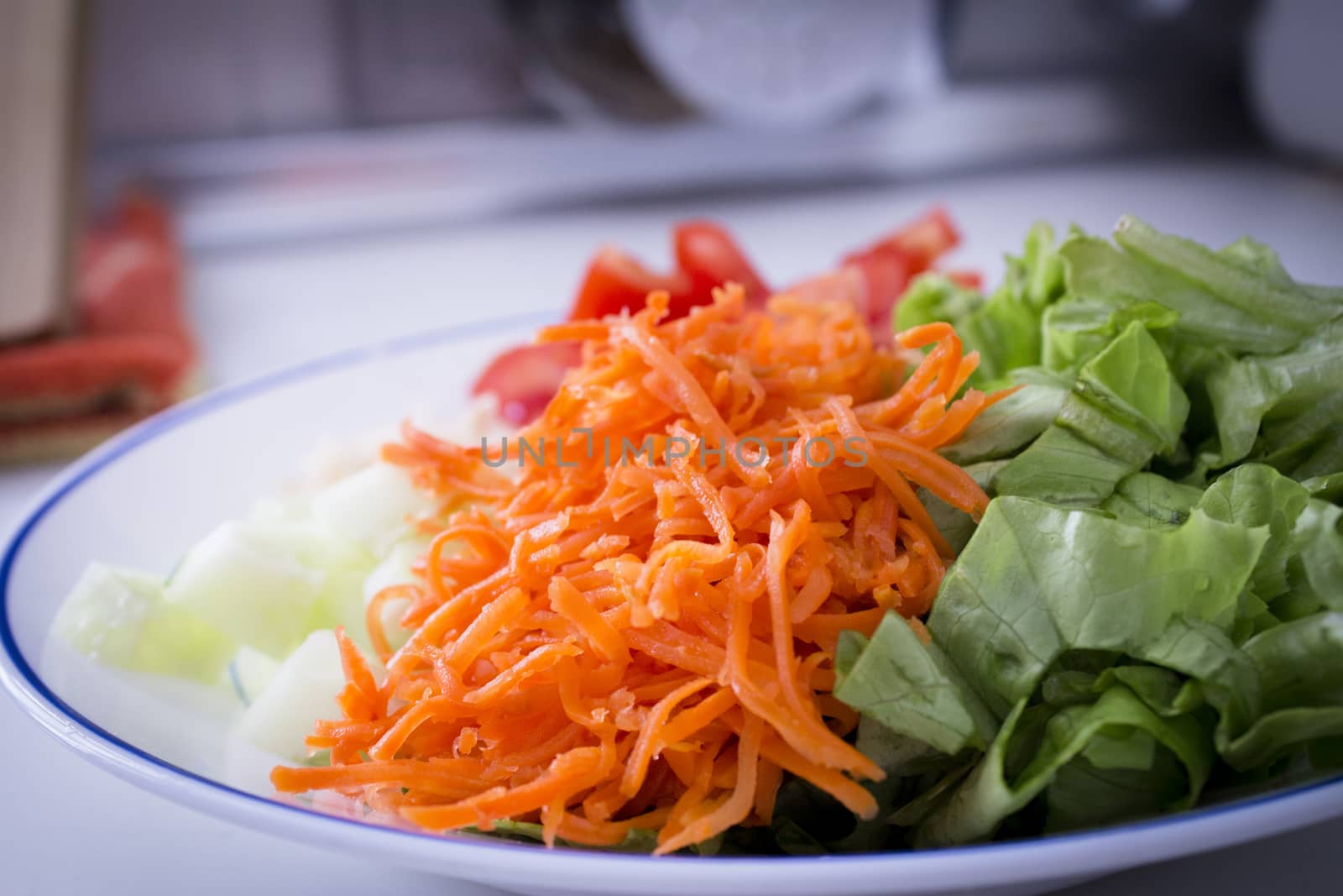 Lettuce, carrot, cucumber, tomato and onion salad. No people