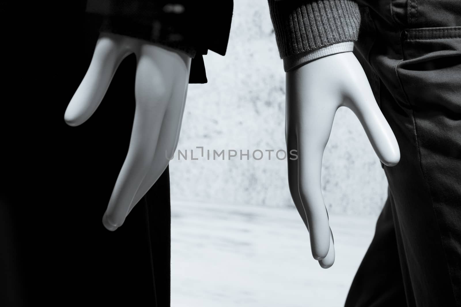Mannequin man hands close up without touching