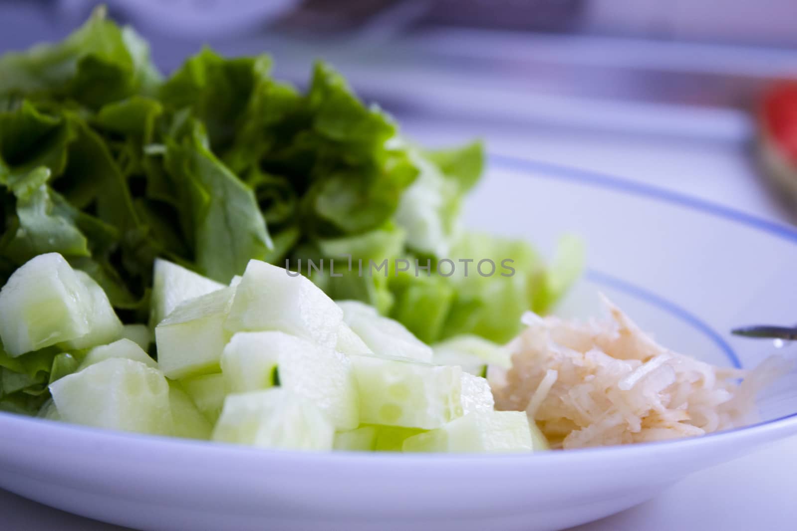 Salad with lettuce, tomato, onion and cucumber. No people