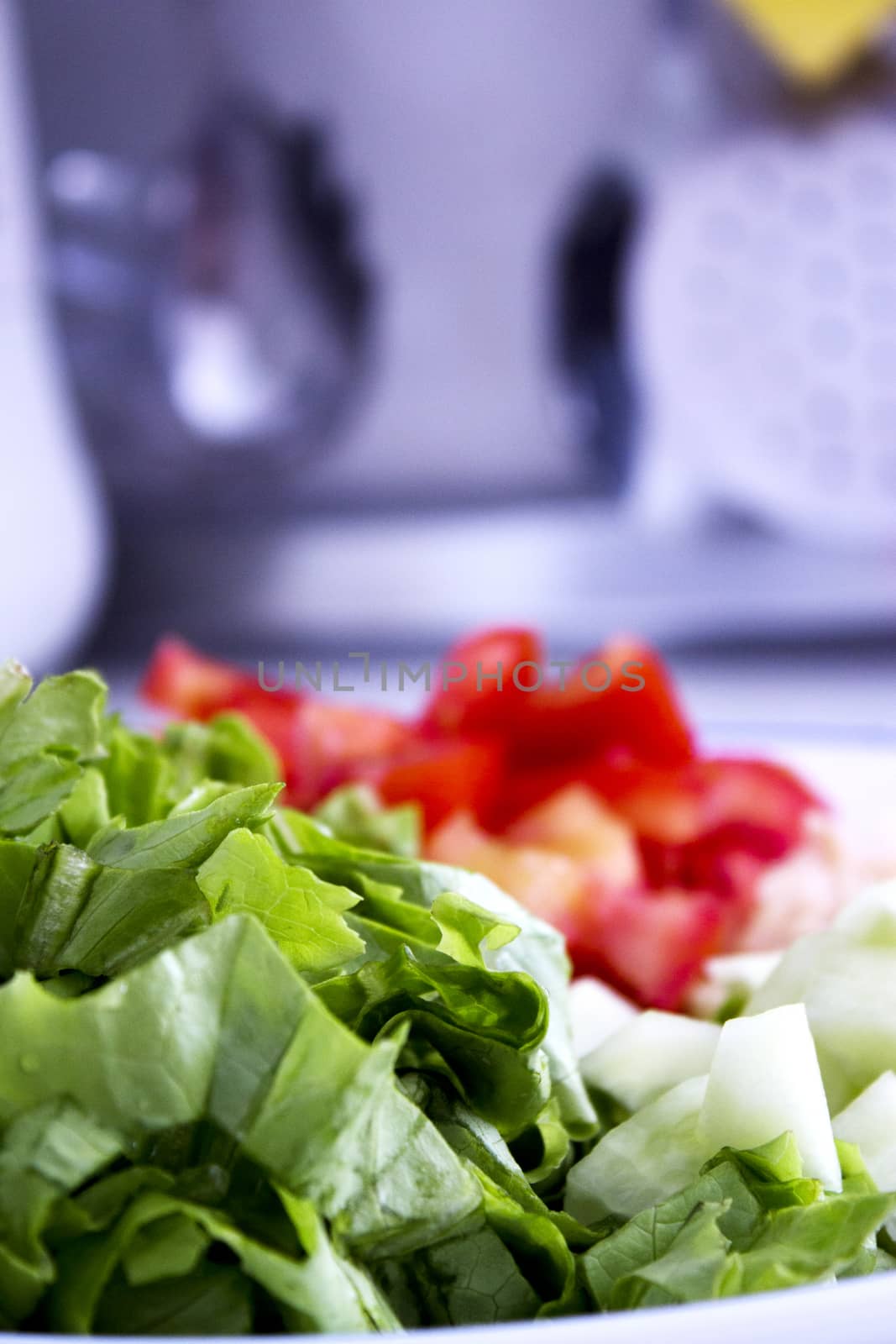 Salad with lettuce, tomato, onion and cucumber. No people