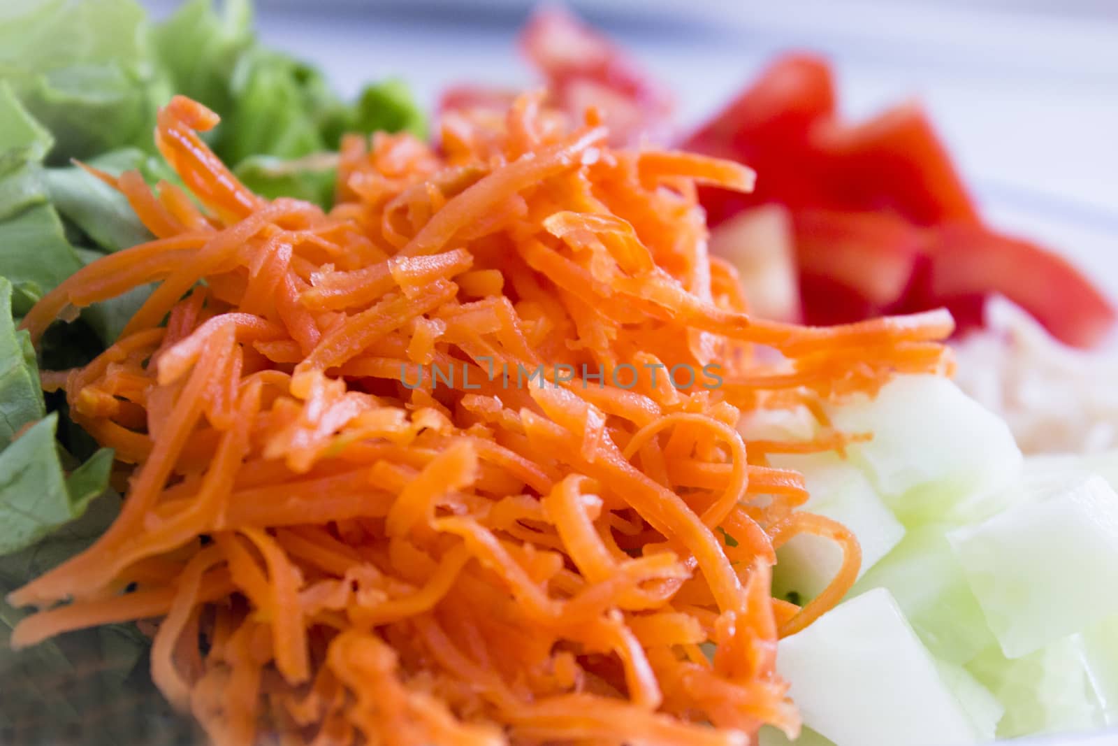 Lettuce, carrot, cucumber, tomato and onion salad. No people