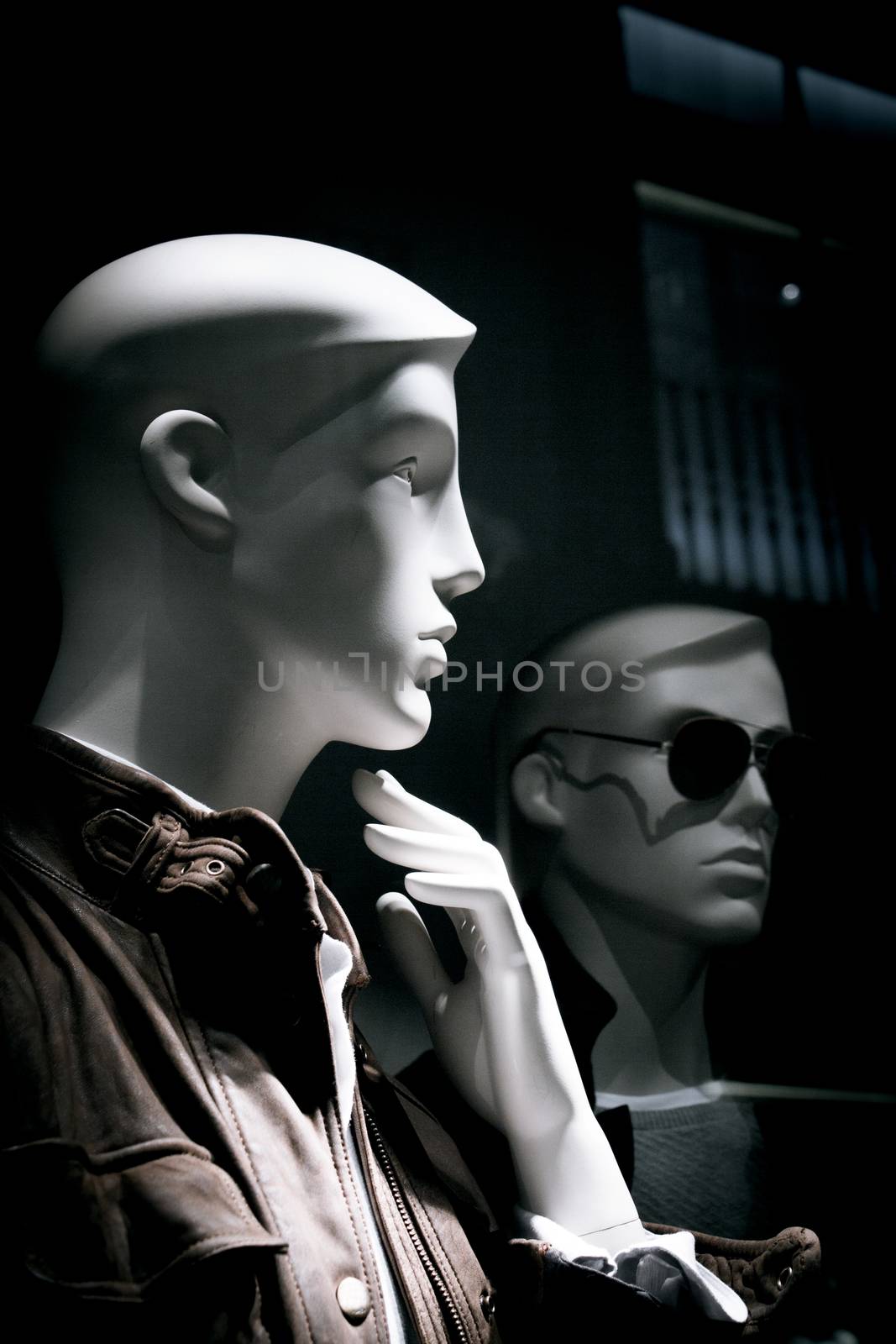 Portrait of mannequin man thinking. No people