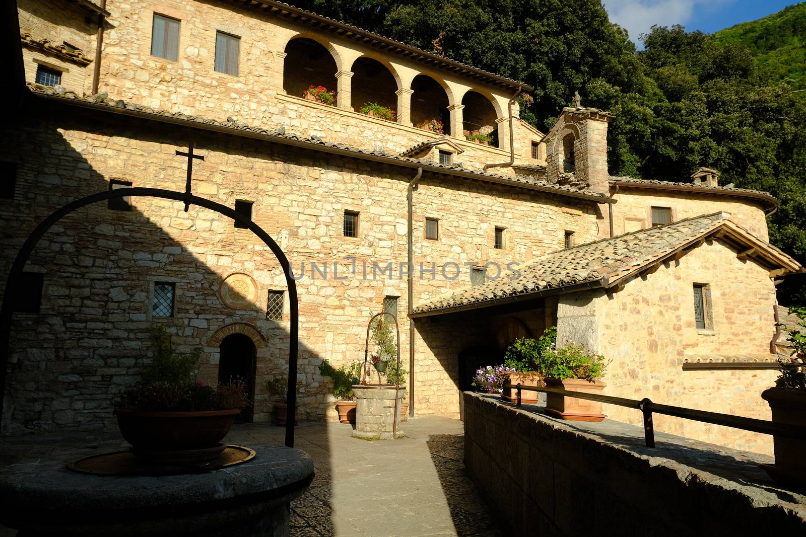 Assisi, Umbria, Italy. About october 2019. Hermitage of the Carceri of Assisi where St. Francis retired to pray. Made of light stone it is placed inside a forest.