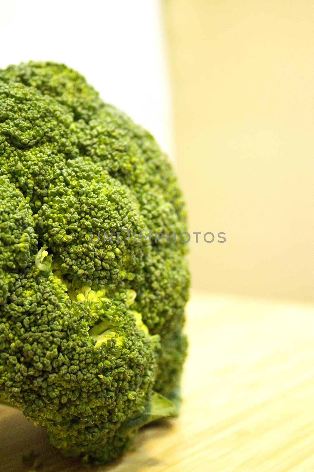Raw broccoli on wooden cutting board. No people