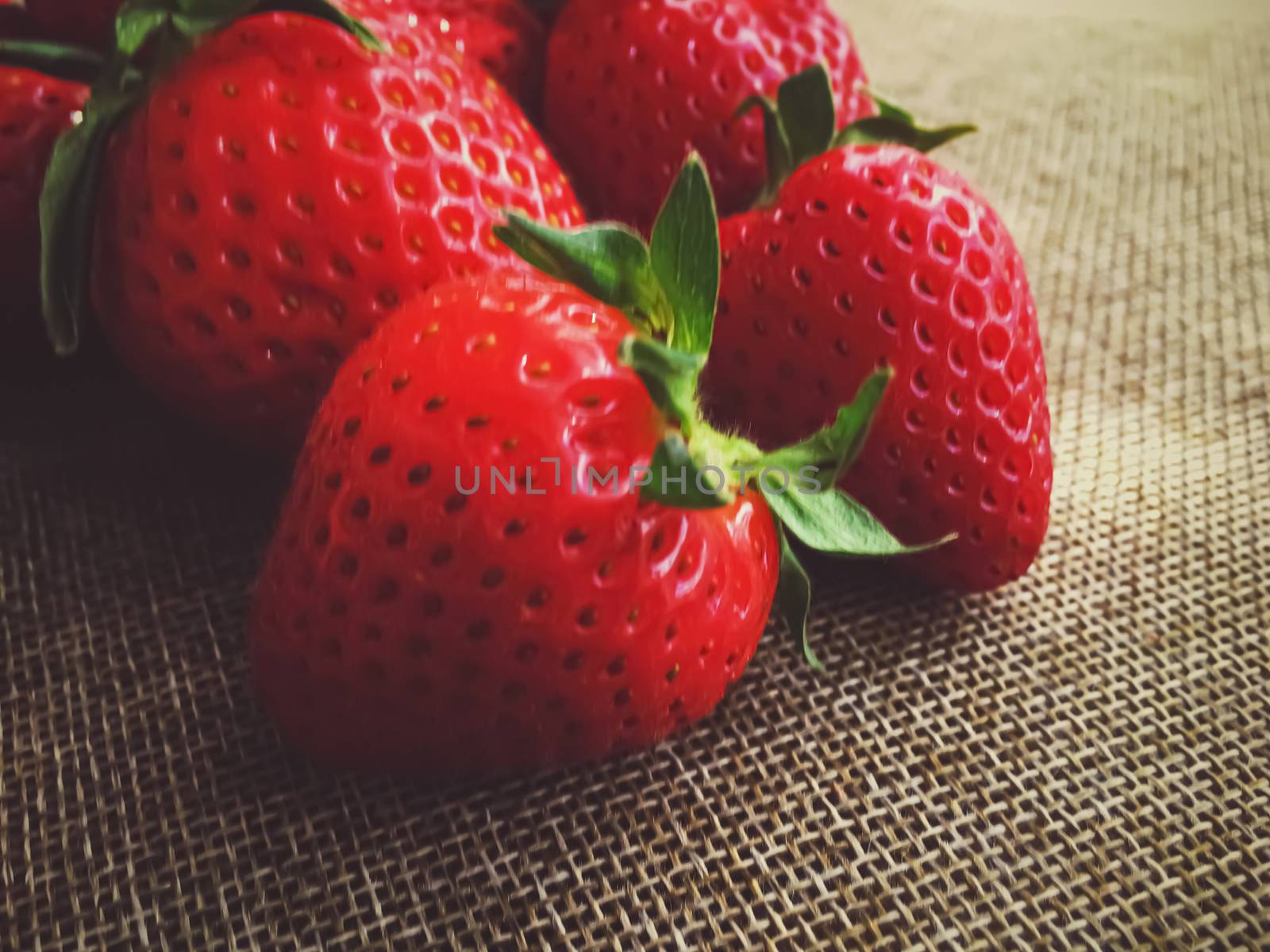 Organic strawberries on rustic linen background, fruit farming and agriculture