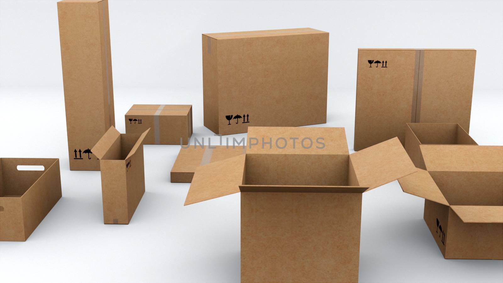 Cardboard packaging for sending various products, computer generated. The concept of safe transportation of goods. 3d rendering of technologycal background