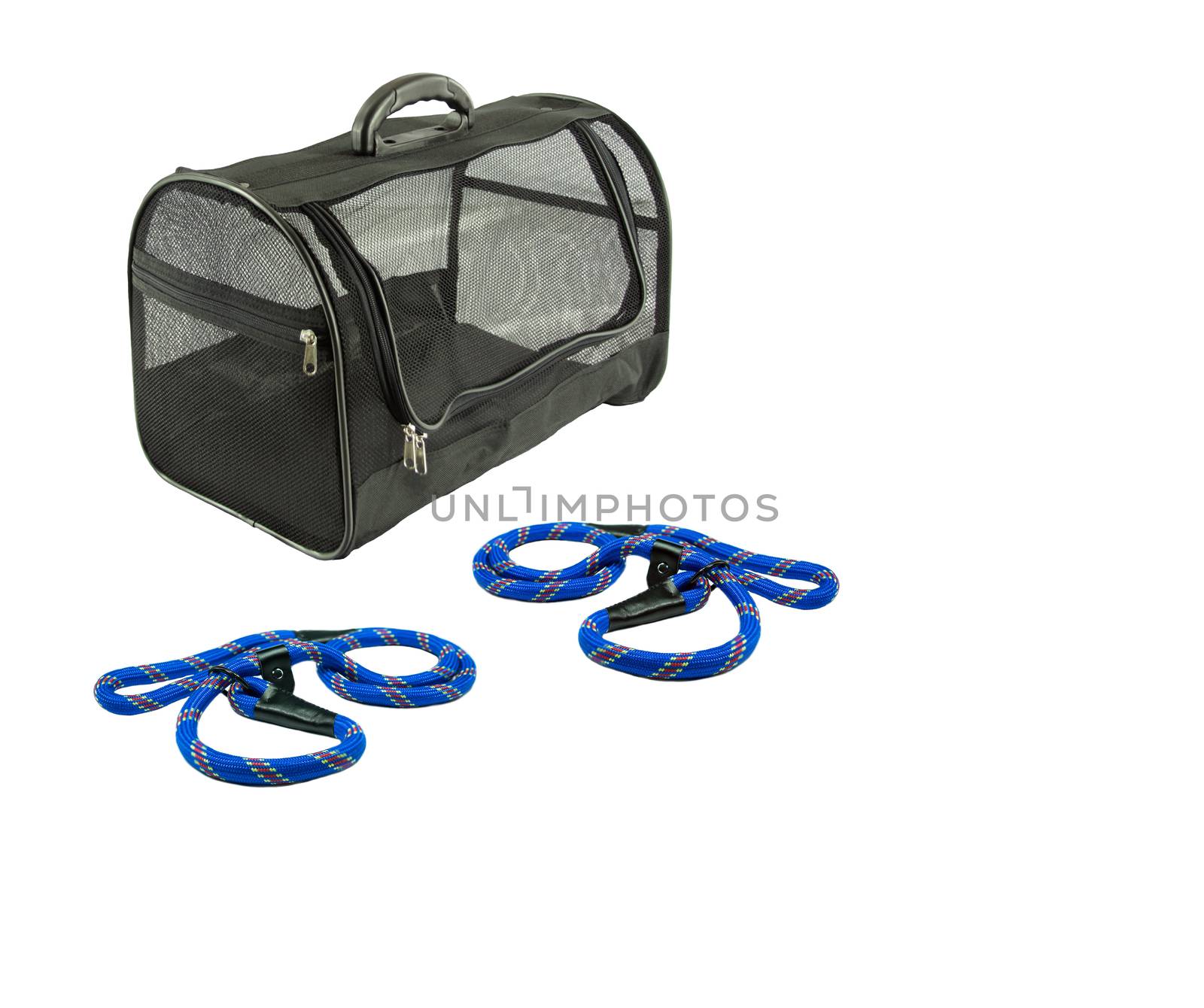 Pet bag and leashes on isolated white background by Buttus_casso