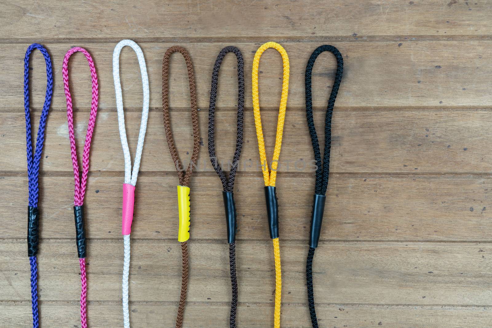 Pet leashes on wooden background.  Pet accessories concept