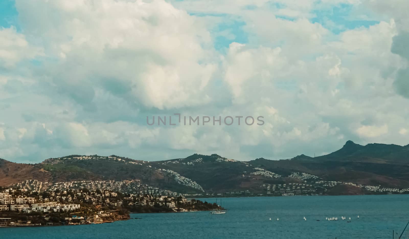 Mediterranean coast and cloudy sky, beautiful panoramic sea view and coastal nature scene