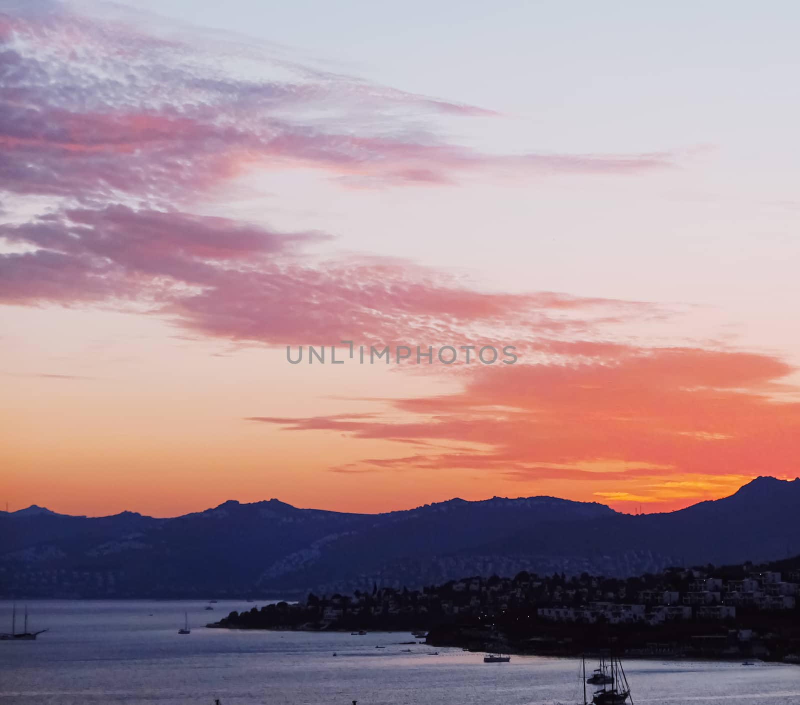 Sea view and mountains in the Mediterranean at sunset, summer vacation travel and holiday destination by Anneleven