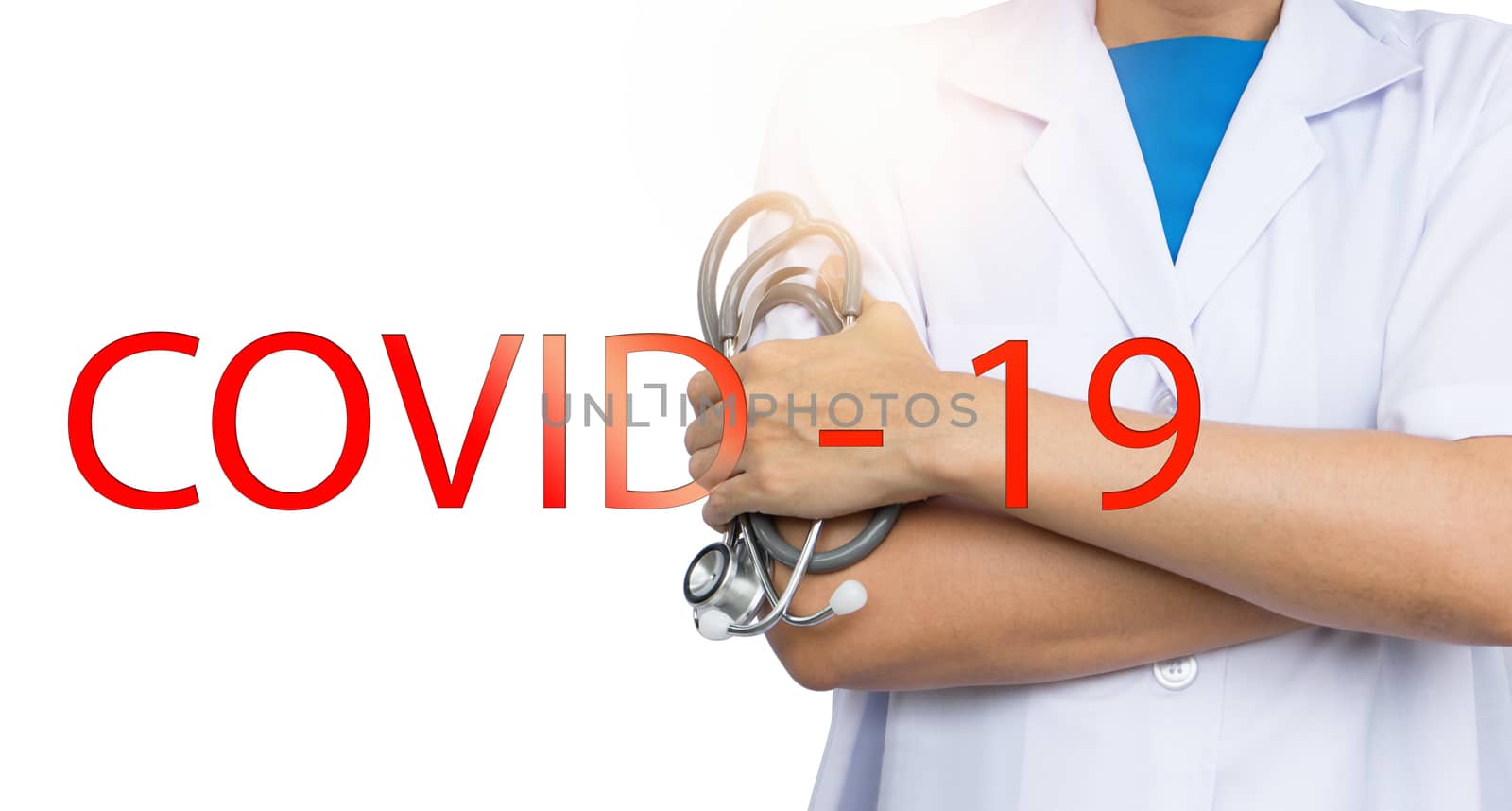 Doctor with stethoscope for protect covid19 virus on white background