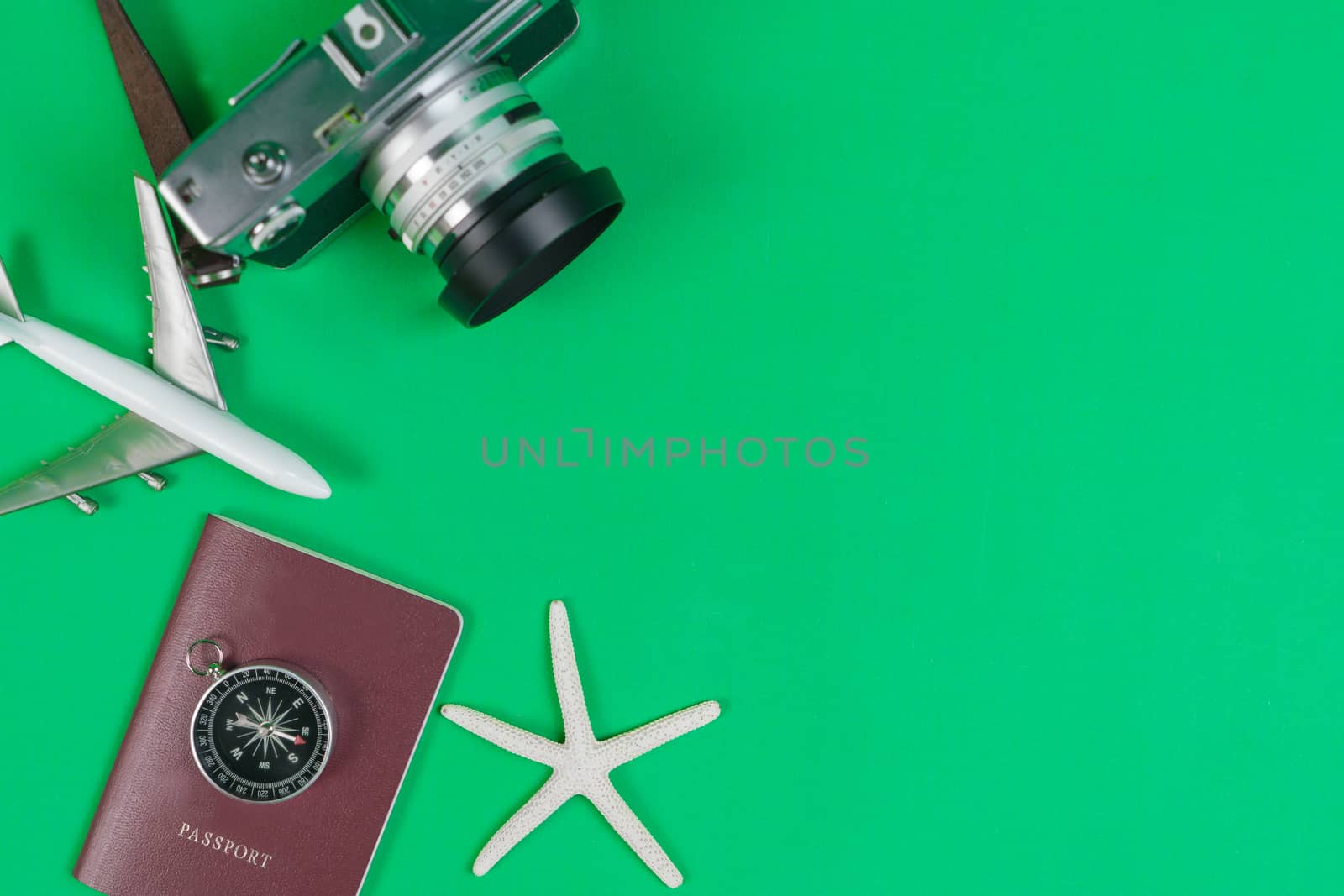 Compass and accessories for travel with copy space