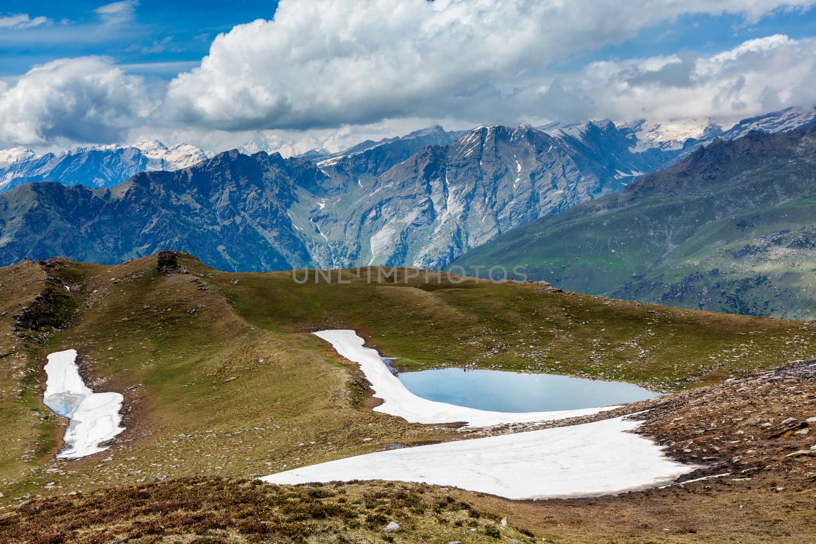 Scenic Indian Himalayan landscape scenery in Himalayas with small lake. Himachal Pradesh, India