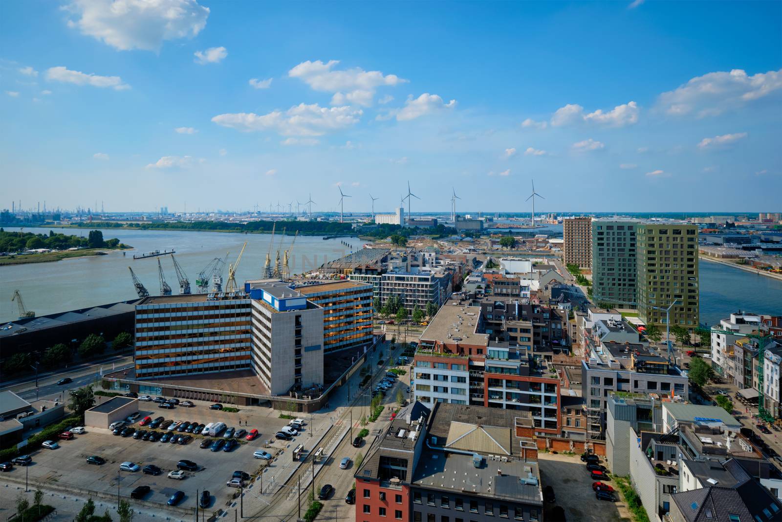 Aerial view of Antwerp city with port crane in cargo terminal. Antwerpen, Belgium. Benelux