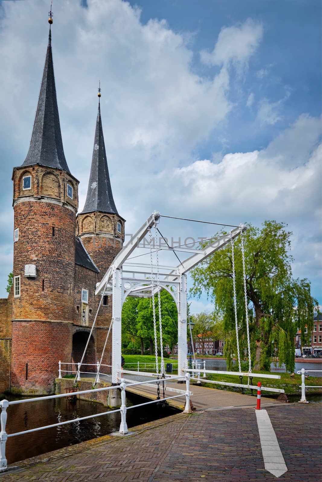 Oostport (Eastern Gate) of Delft illuminated at night. Delft, Netherlands