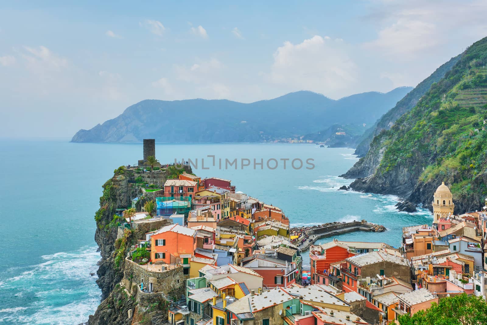 Vernazza village popular tourist destination in Cinque Terre National Park a UNESCO World Heritage Site, Liguria, Italy on sunset view from south