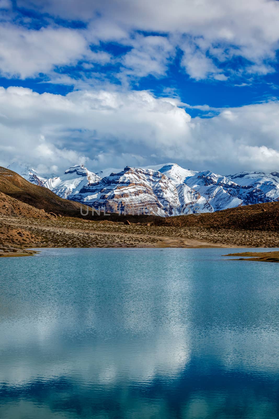 Dhankar lake in Himalayas. Spiti valley, Himachal Pradesh, India