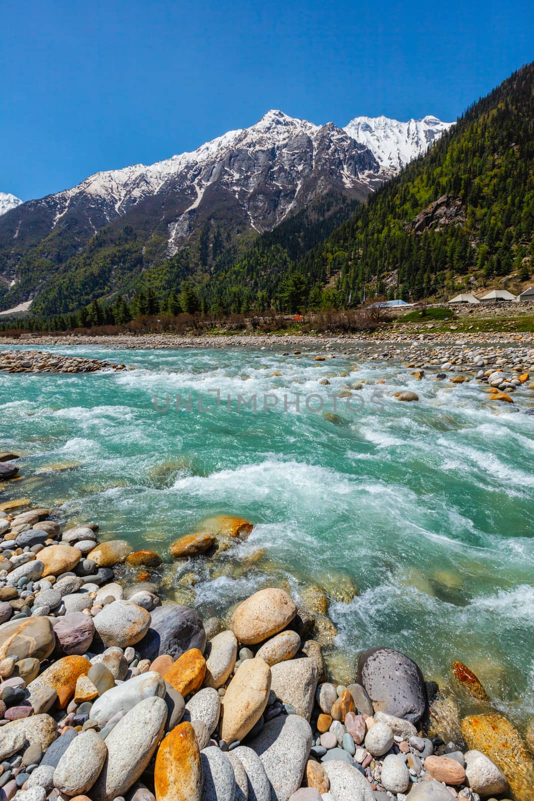 Baspa river in Himalayas mountains. Sangla Valley, Himachal Pradesh, India