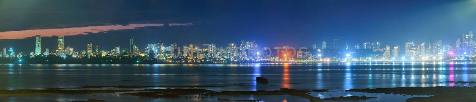 Panorama of Mumbai skyline with skyscrapers in the evening. Mumbai, Maharashtra, India